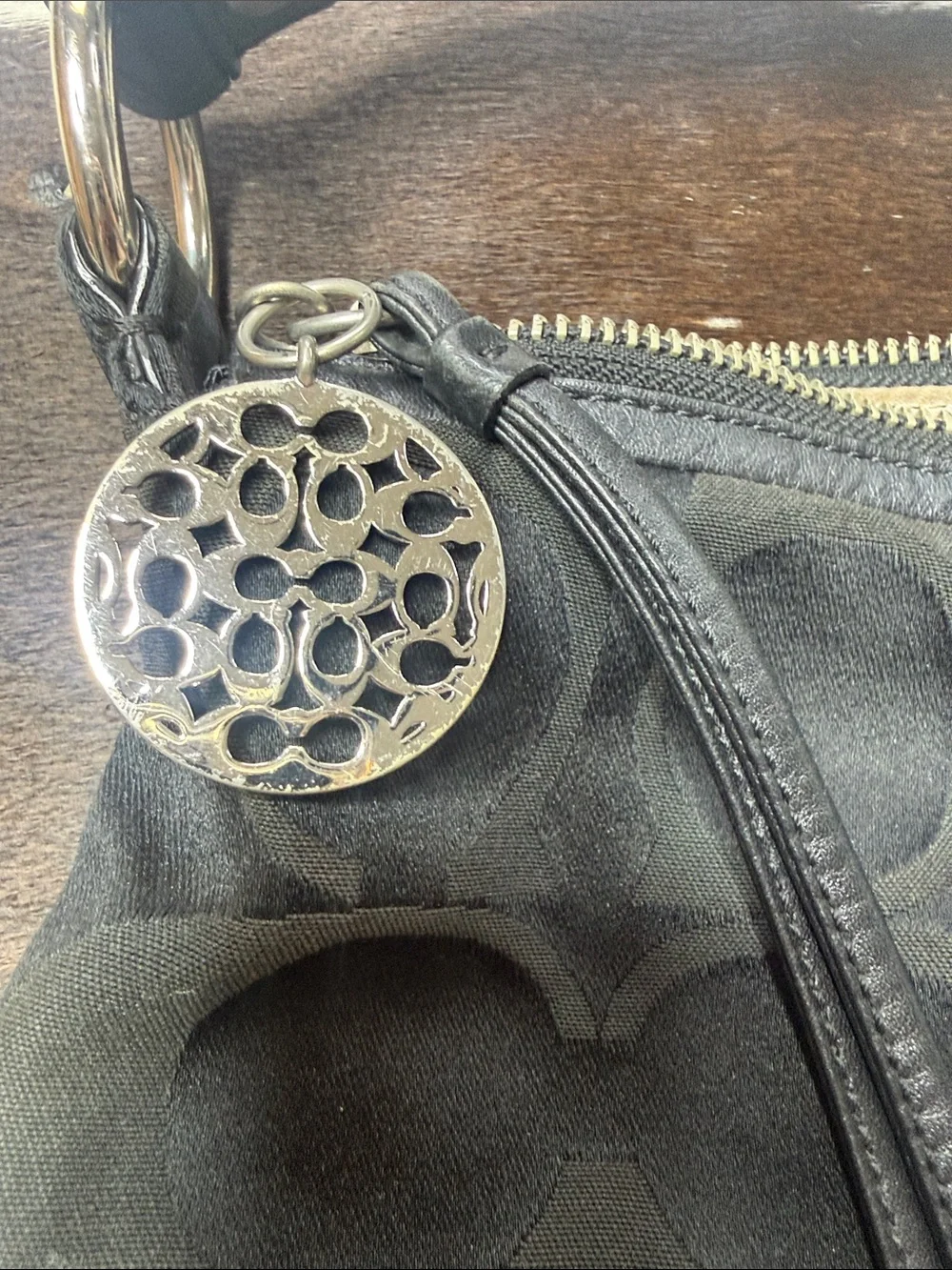 Coach Black Signature Jacquard Hobo with Tassel and Round Charm